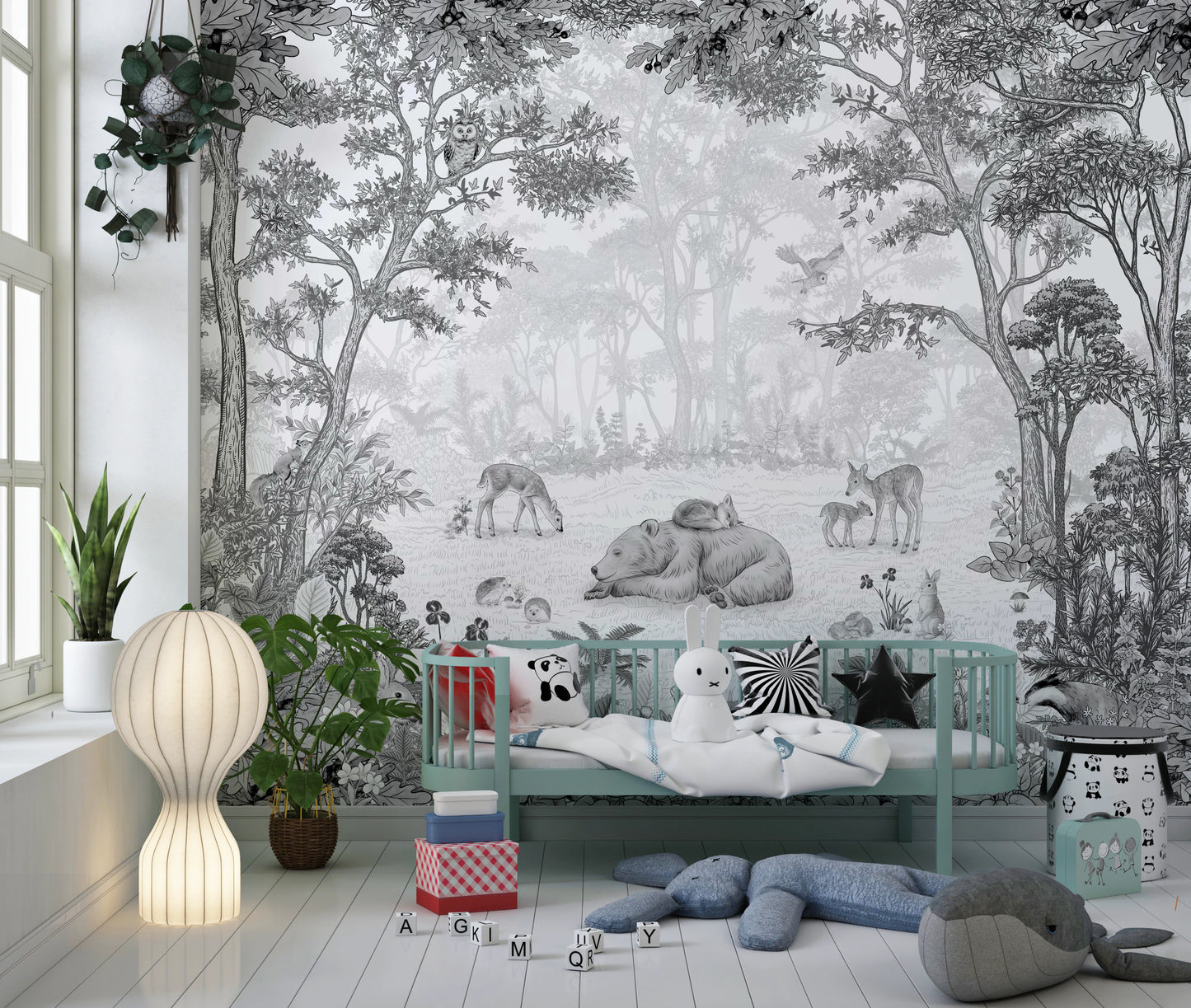 Monochrome Woodland Animals Forest Scene Wallpaper Wall Mural