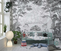 Monochrome Woodland Animals Forest Scene Wallpaper Wall Mural