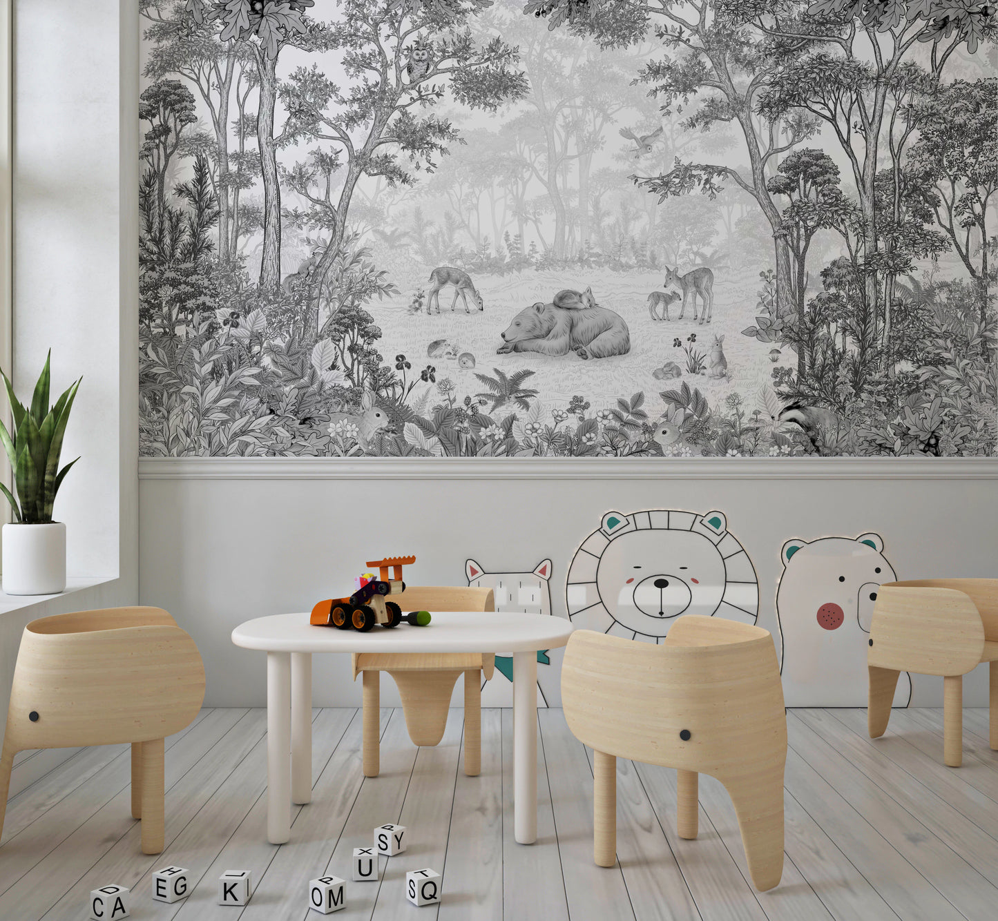 Monochrome Woodland Animals Forest Scene Wallpaper Wall Mural