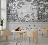 Monochrome Woodland Animals Forest Scene Wallpaper Wall Mural
