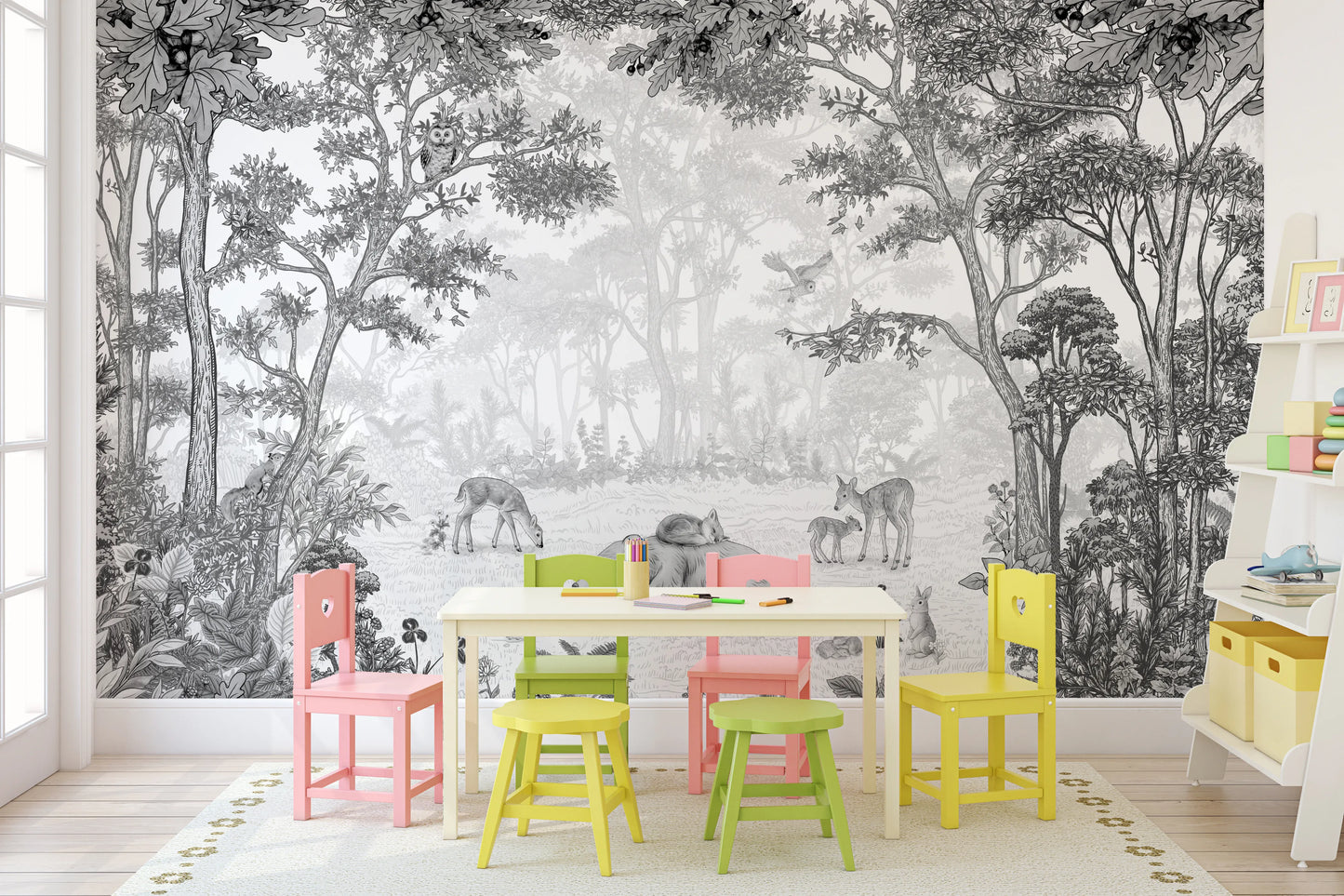 Monochrome Woodland Animals Forest Scene Wallpaper Wall Mural