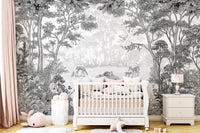 Monochrome Woodland Animals Forest Scene Wallpaper Wall Mural