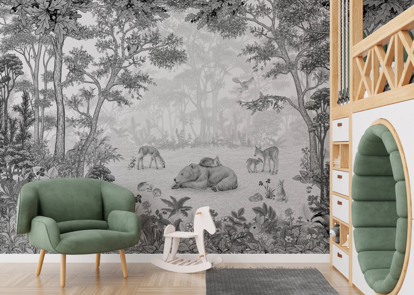 Monochrome Woodland Animals Forest Scene Wallpaper Wall Mural