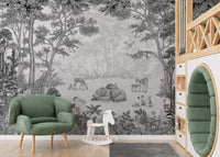 Monochrome Woodland Animals Forest Scene Wallpaper Wall Mural