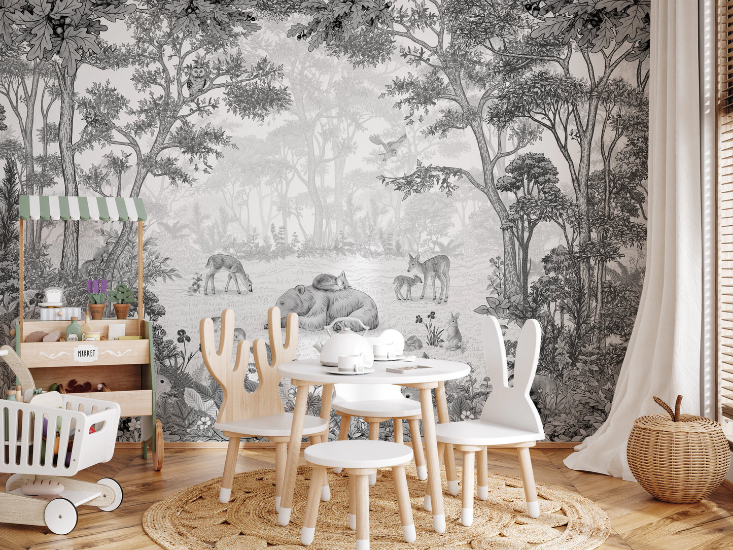 Monochrome Woodland Animals Forest Scene Wallpaper Wall Mural
