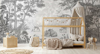 Monochrome Woodland Animals Forest Scene Wallpaper Wall Mural