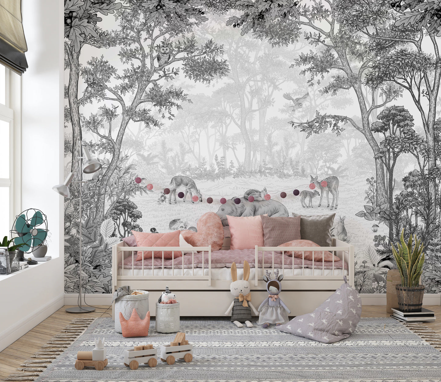 Monochrome Woodland Animals Forest Scene Wallpaper Wall Mural