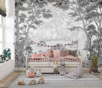 Monochrome Woodland Animals Forest Scene Wallpaper Wall Mural