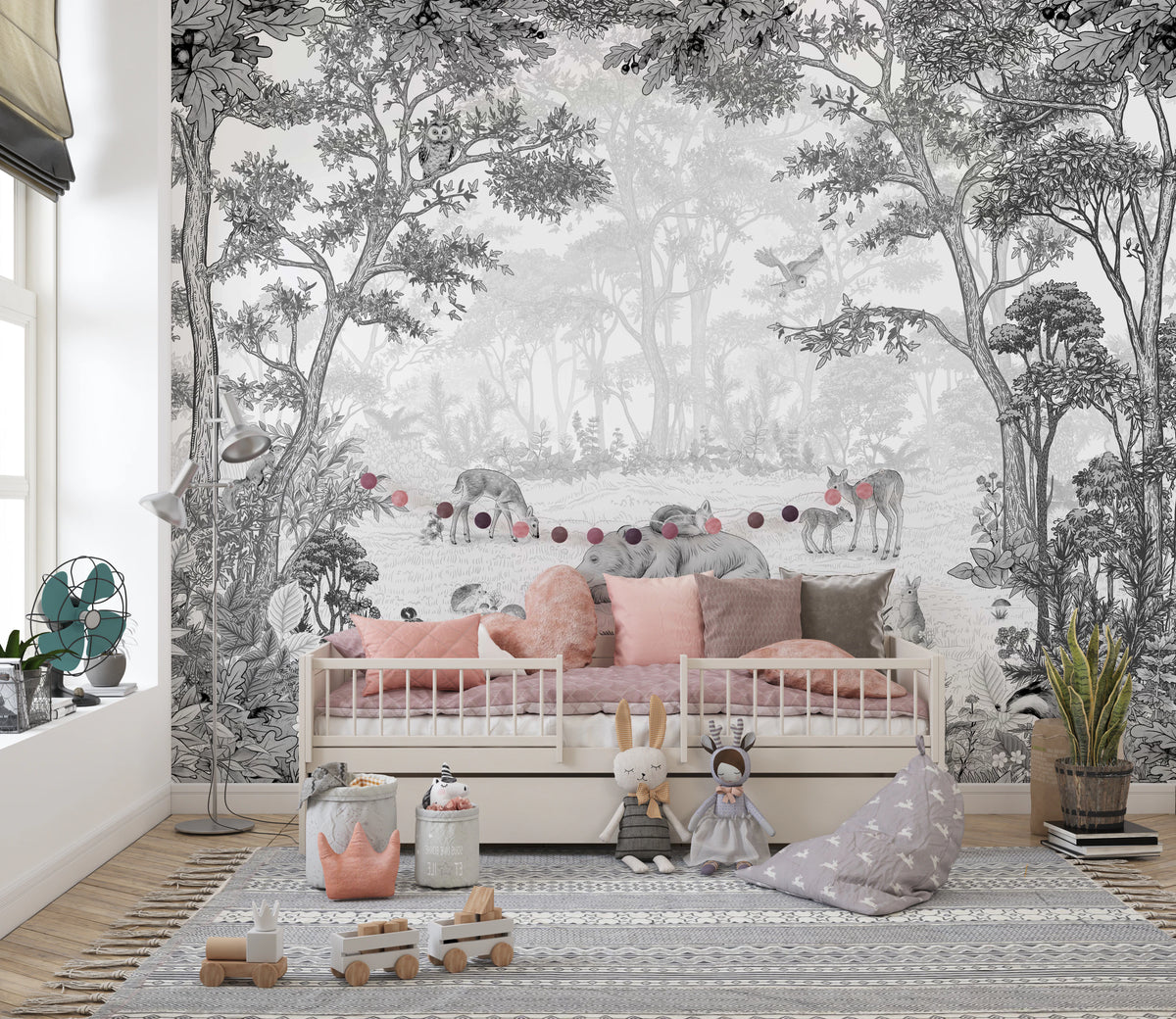 Monochrome woodland forest mural with a resting bear in a soft clearing