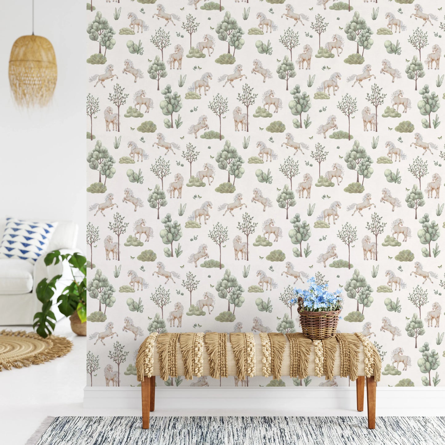 Whimsical Ponies and Trees Hand-Painted Botanical Wallpaper Wallpaper⁠
