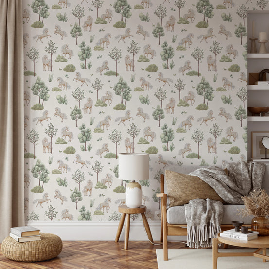 Whimsical Ponies and Trees Hand-Painted Botanical Wallpaper Wallpaper⁠