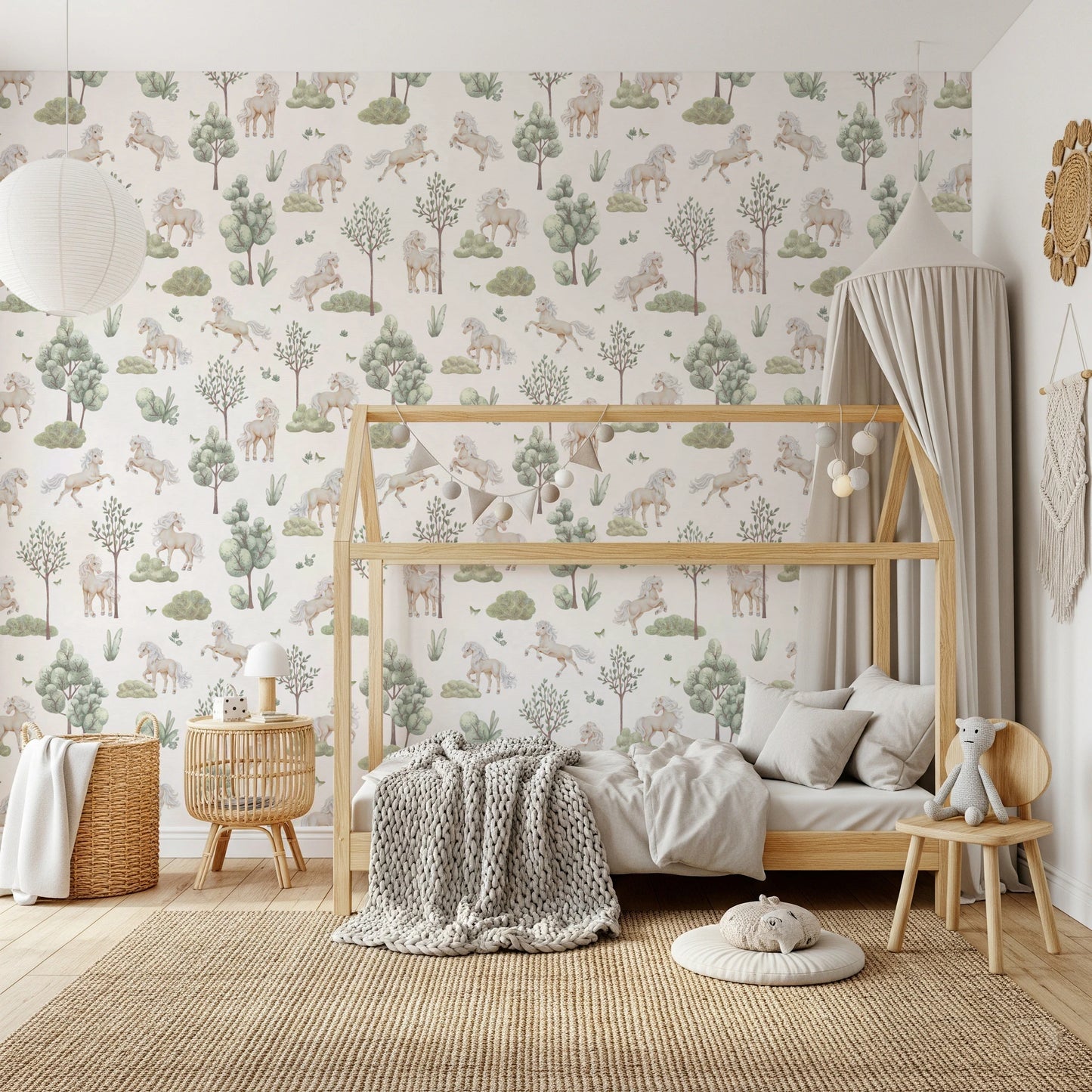 Whimsical Ponies and Trees Hand-Painted Botanical Wallpaper Wallpaper⁠