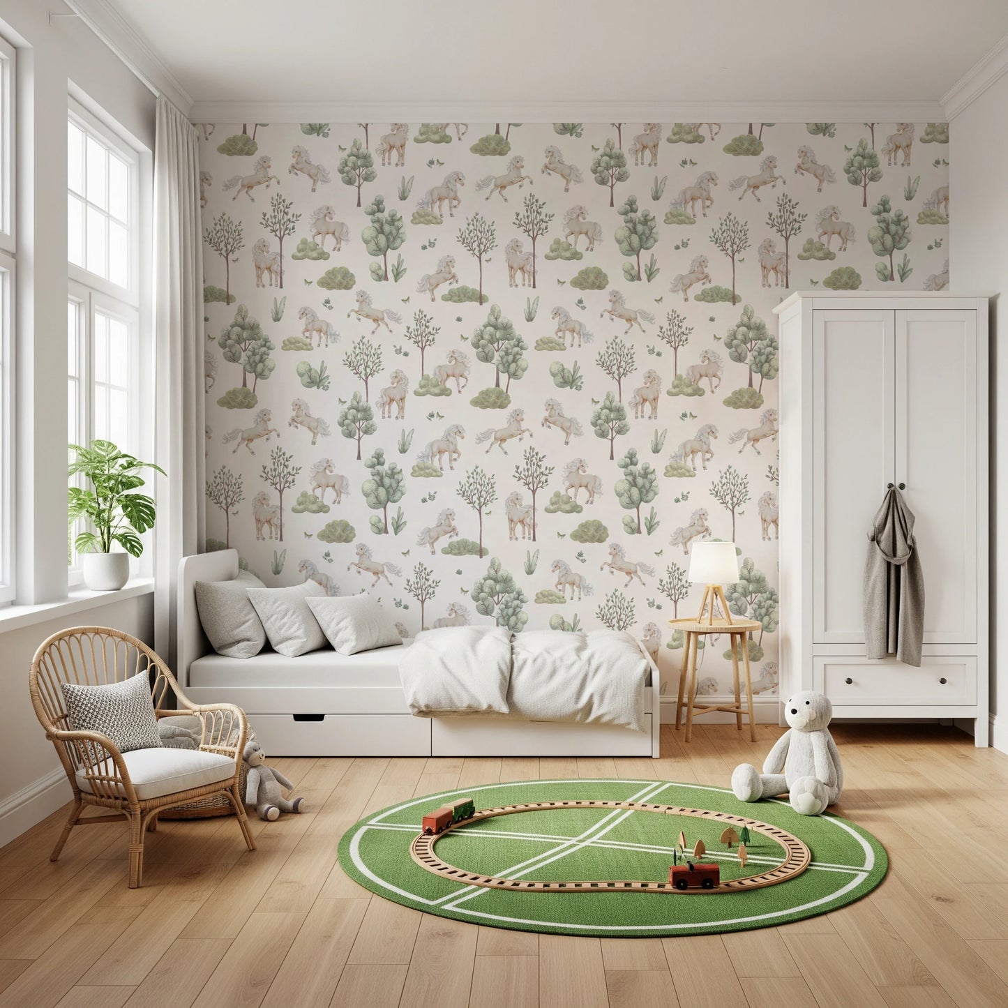 Whimsical Ponies and Trees Hand-Painted Botanical Wallpaper Wallpaper⁠