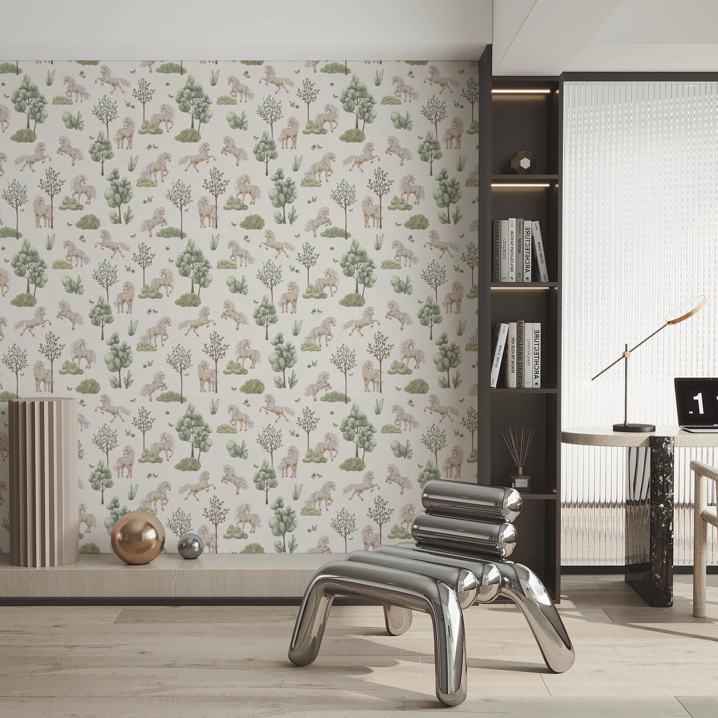 Whimsical Ponies and Trees Hand-Painted Botanical Wallpaper Wallpaper⁠