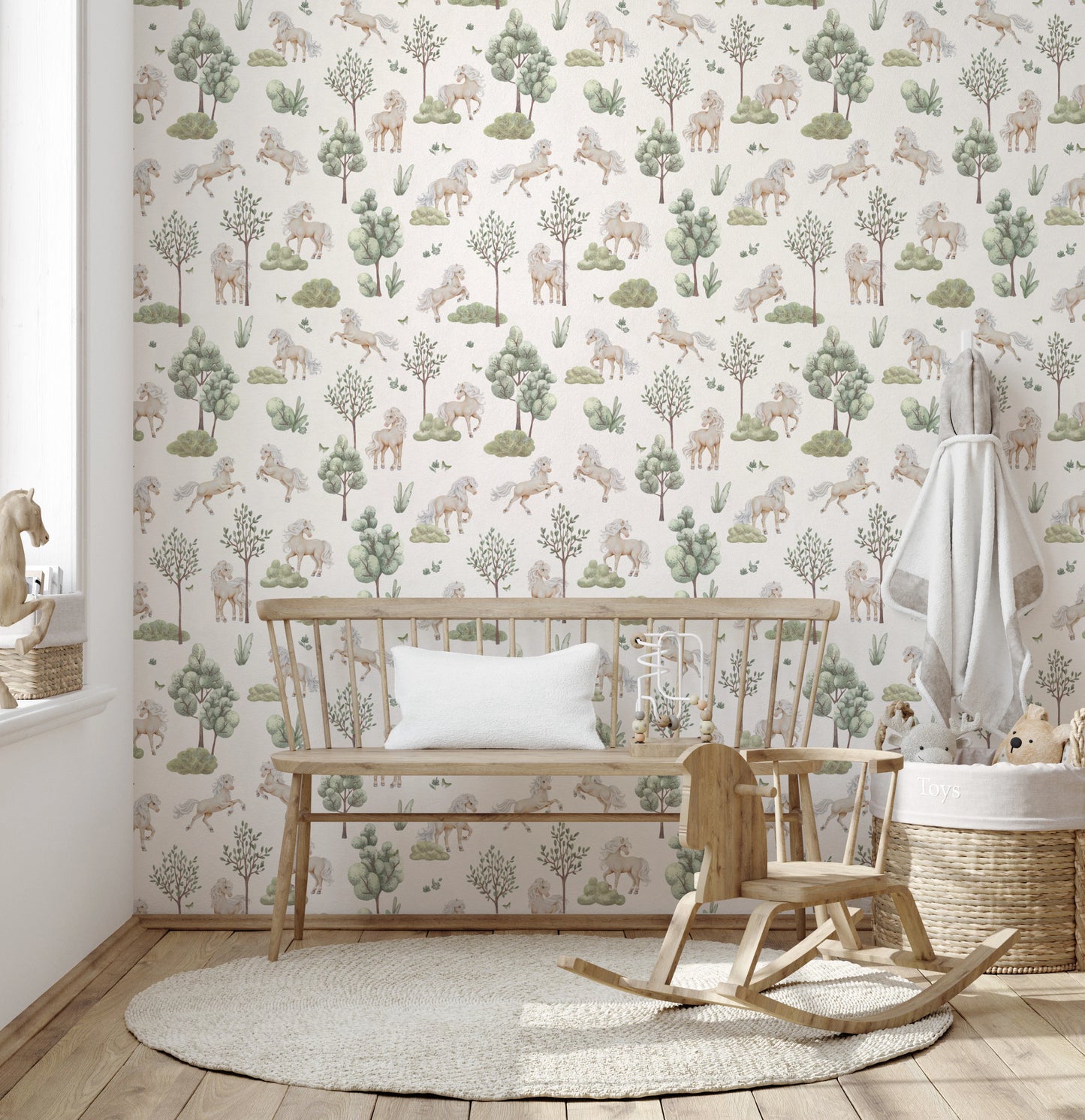 Whimsical Ponies and Trees Hand-Painted Botanical Wallpaper Wallpaper⁠
