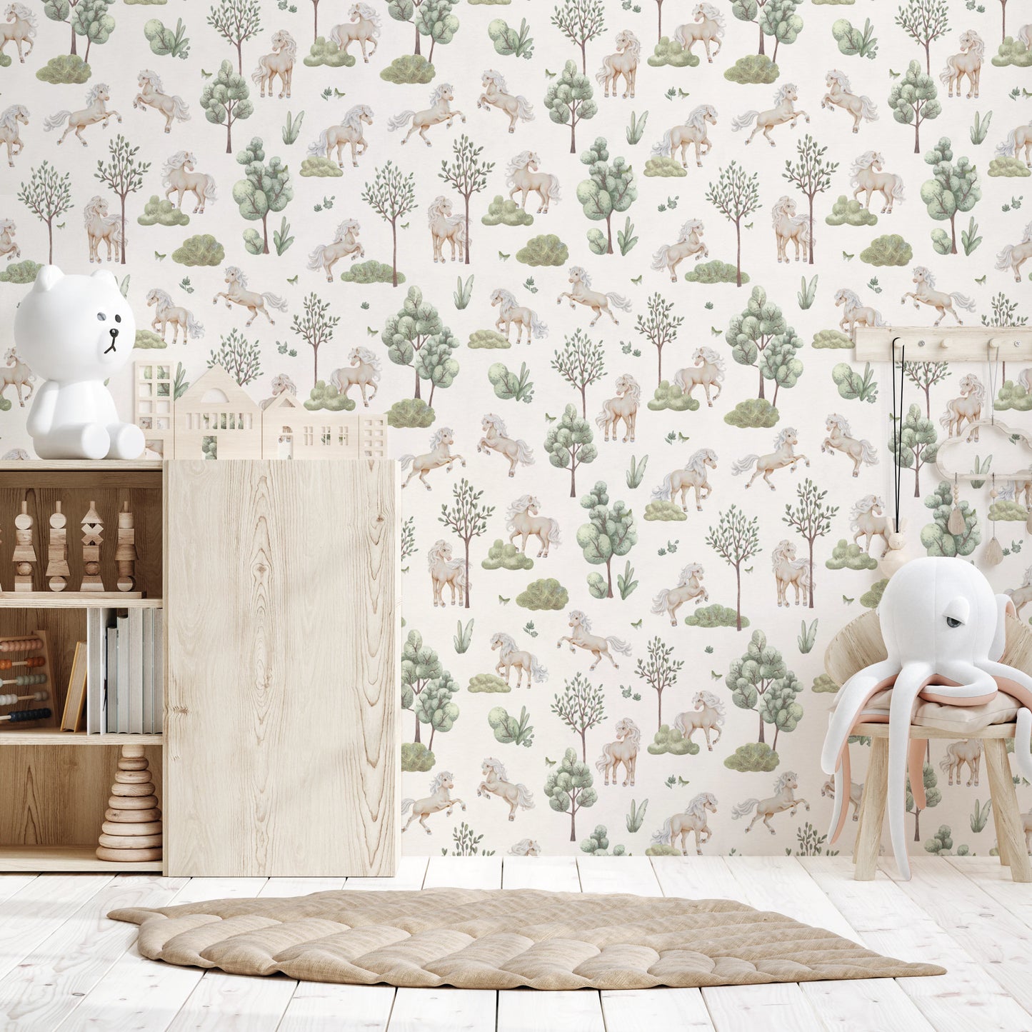 Whimsical Ponies and Trees Hand-Painted Botanical Wallpaper Wallpaper⁠