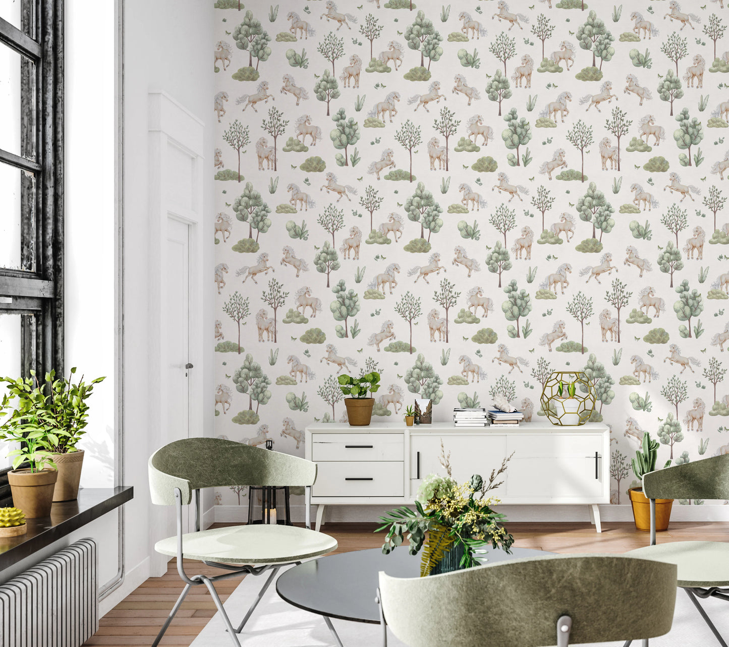 Whimsical Ponies and Trees Hand-Painted Botanical Wallpaper Wallpaper⁠