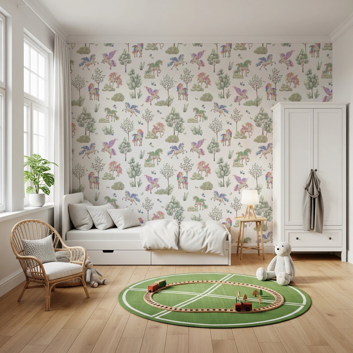 Enchanted Unicorn Woodland Garden Seamless Wallpaper Wallpaper⁠
