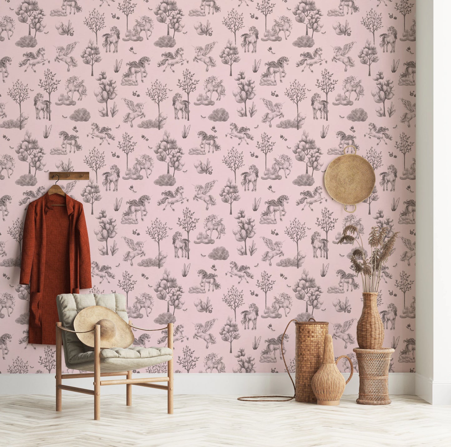 Whimsical Unicorn Forest Fantasy Pink Wallpaper Wallpaper⁠