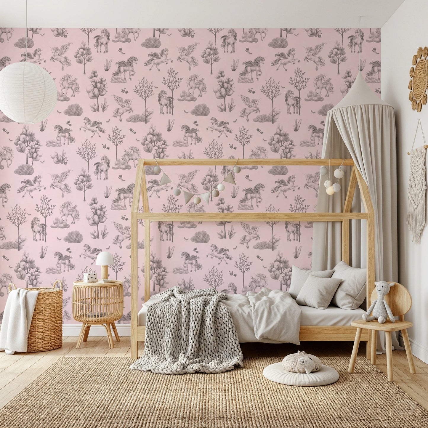 Whimsical Unicorn Forest Fantasy Pink Wallpaper Wallpaper⁠