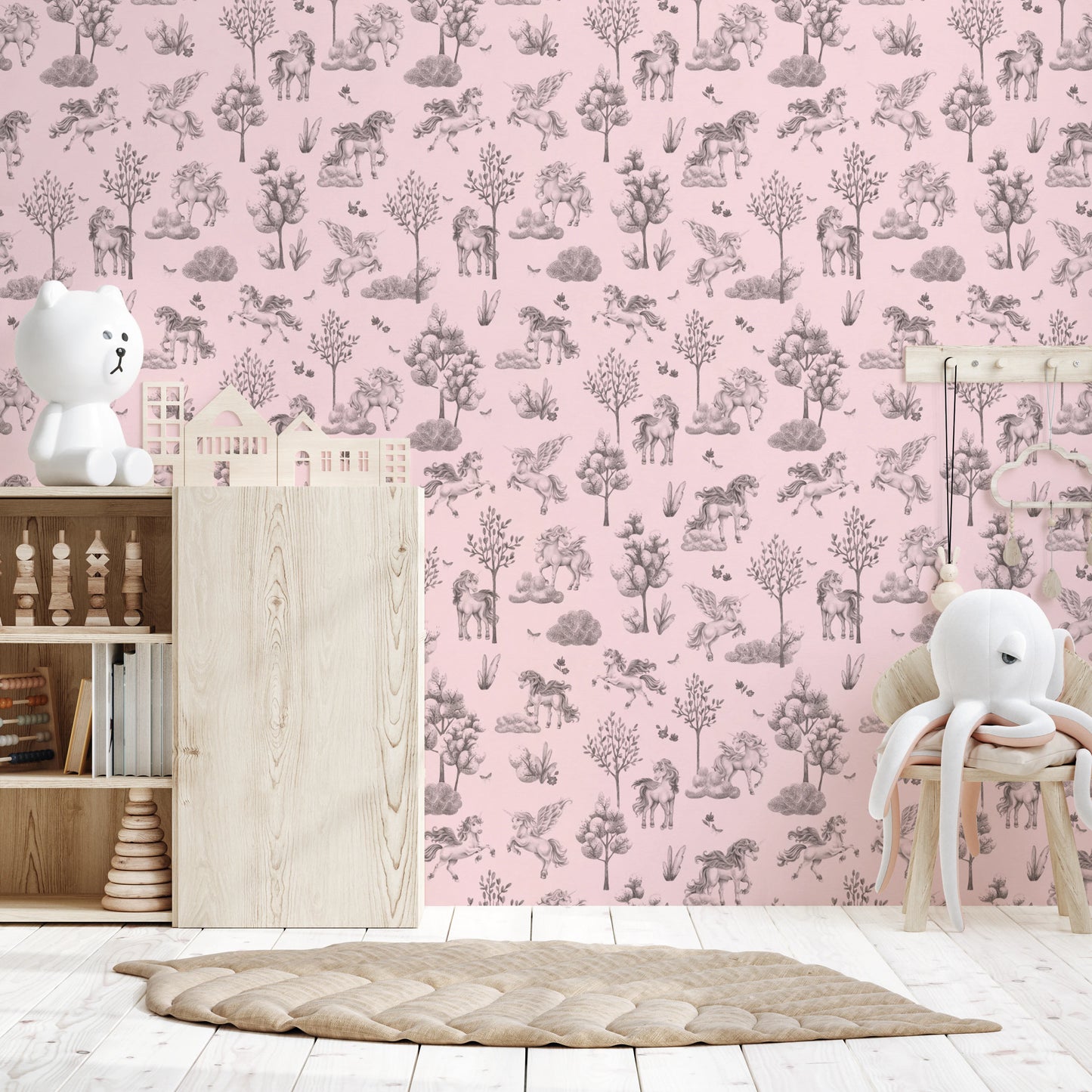 Whimsical Unicorn Forest Fantasy Pink Wallpaper Wallpaper⁠