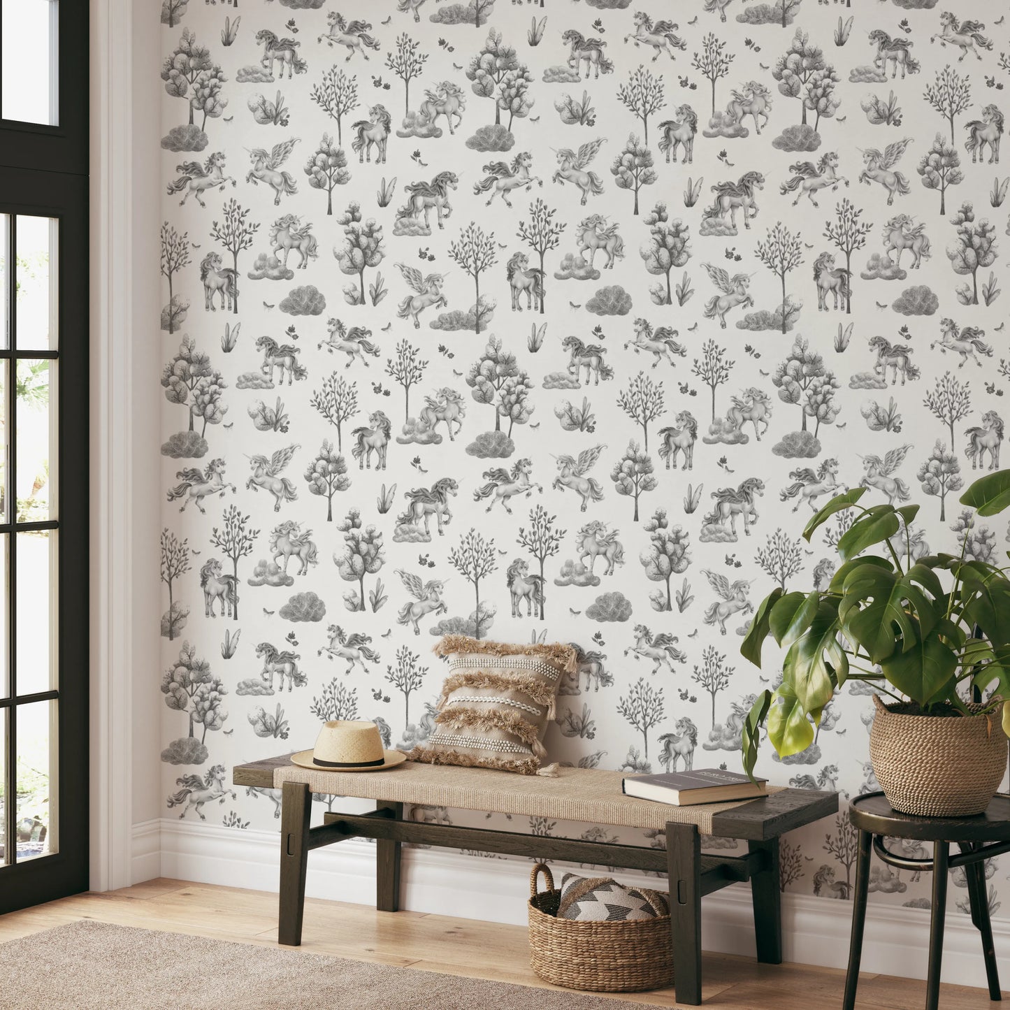 Whimsical Unicorn and Butterfly Woodland Pattern Wallpaper⁠