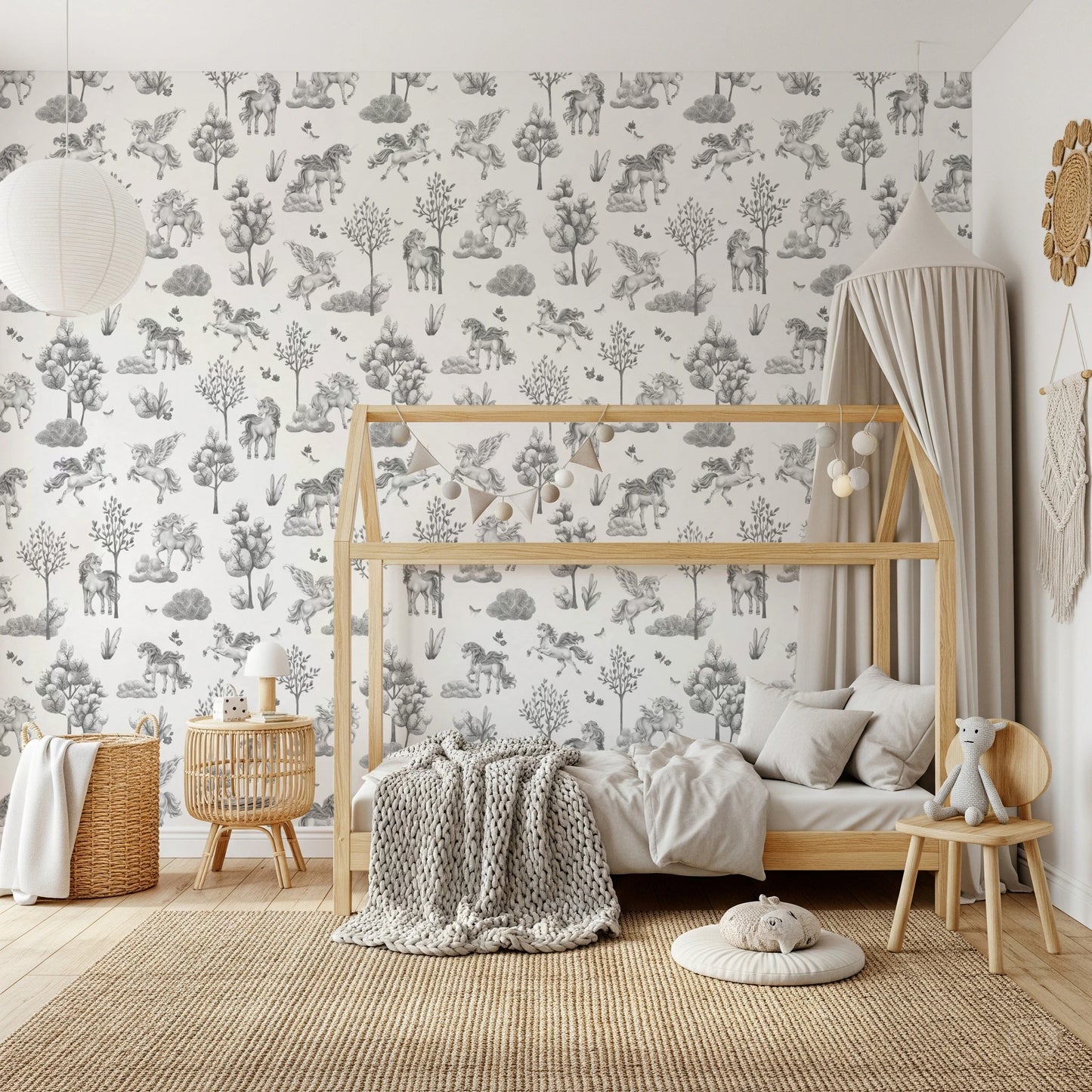 Whimsical Unicorn and Butterfly Woodland Pattern Wallpaper⁠