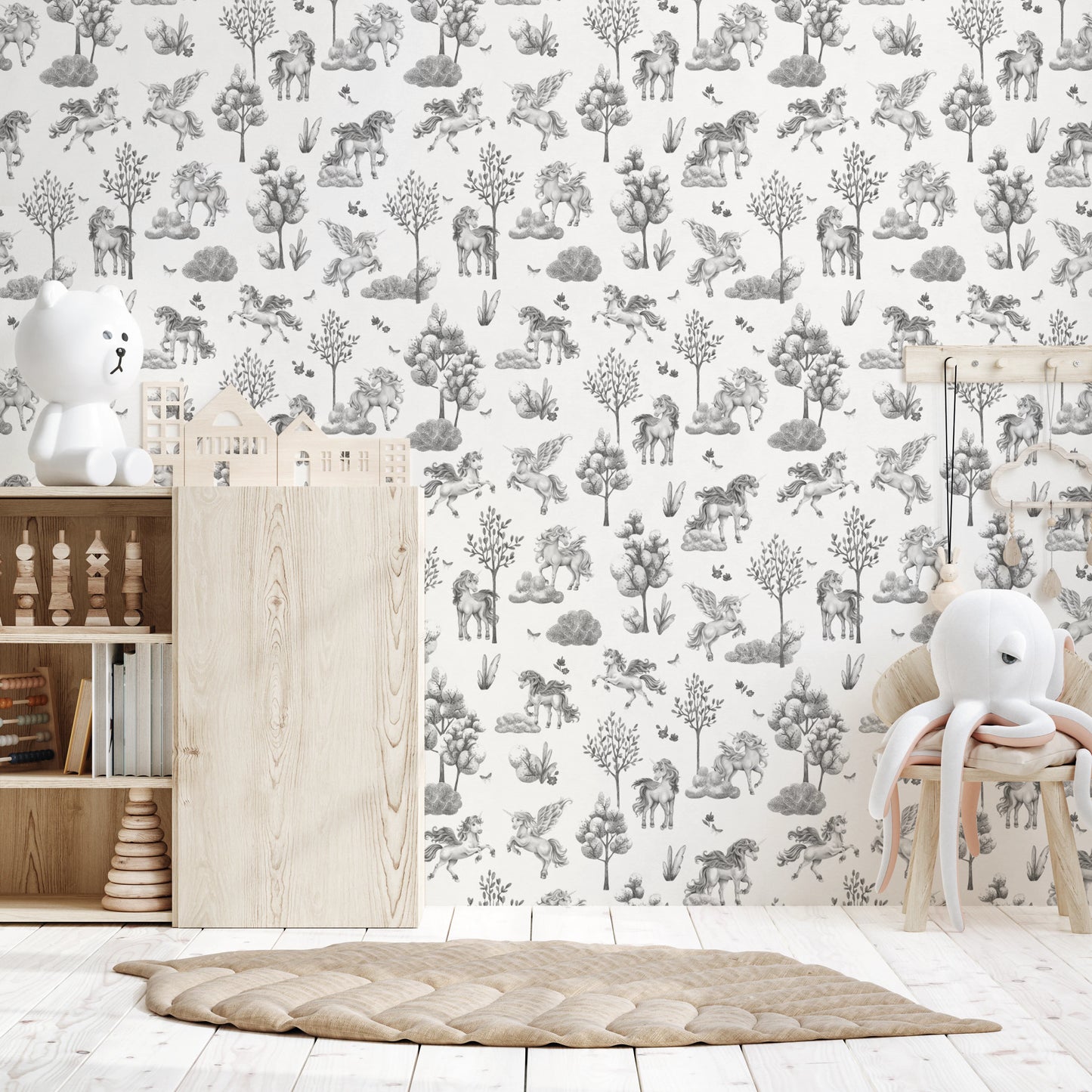 Whimsical Unicorn and Butterfly Woodland Pattern Wallpaper⁠