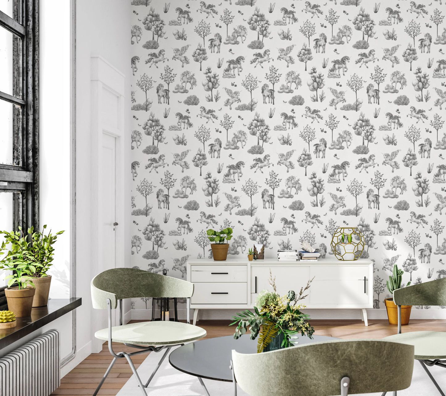 Whimsical Unicorn and Butterfly Woodland Pattern Wallpaper⁠