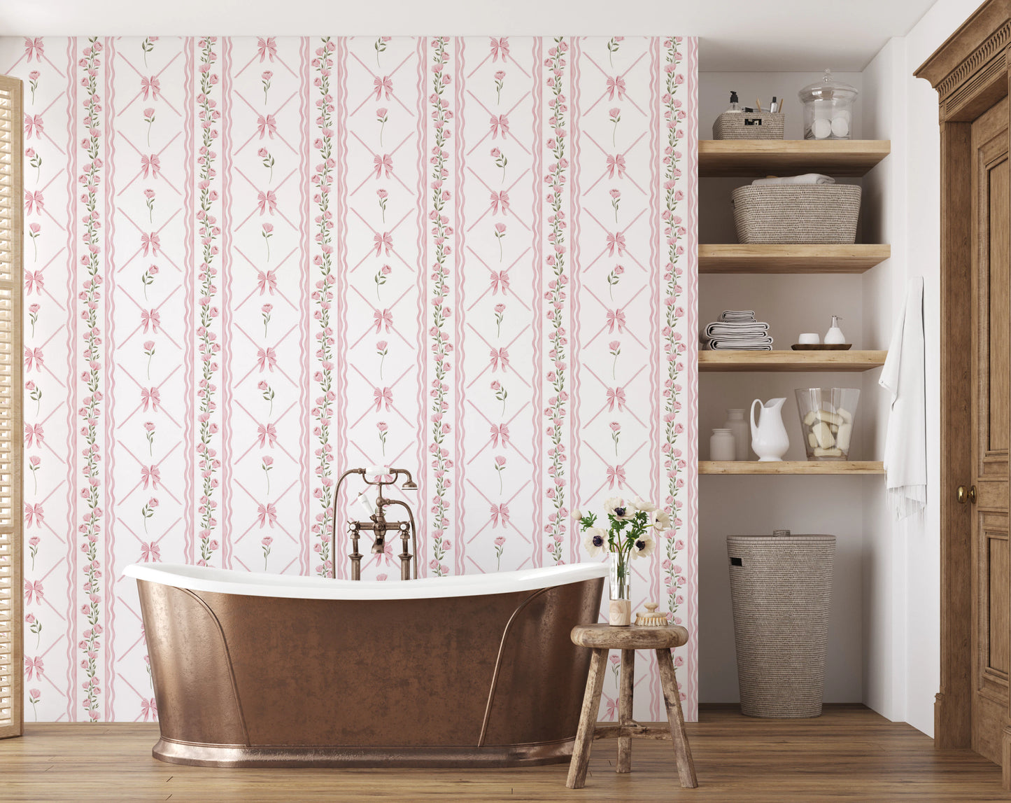 Delicate Pink Ribbon and Floral Stripe Wallpaper Wallpaper⁠