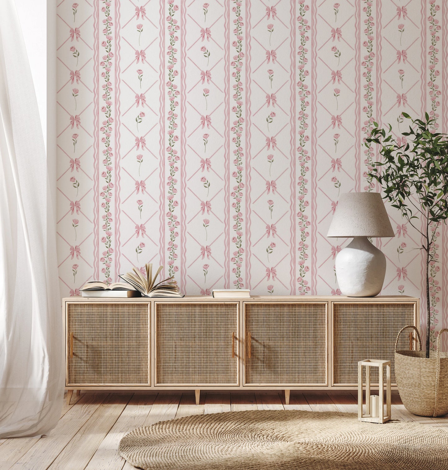 Delicate Pink Ribbon and Floral Stripe Wallpaper Wallpaper⁠