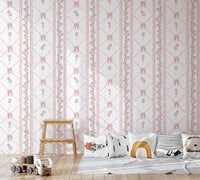Delicate Pink Ribbon and Floral Stripe Wallpaper Wallpaper⁠