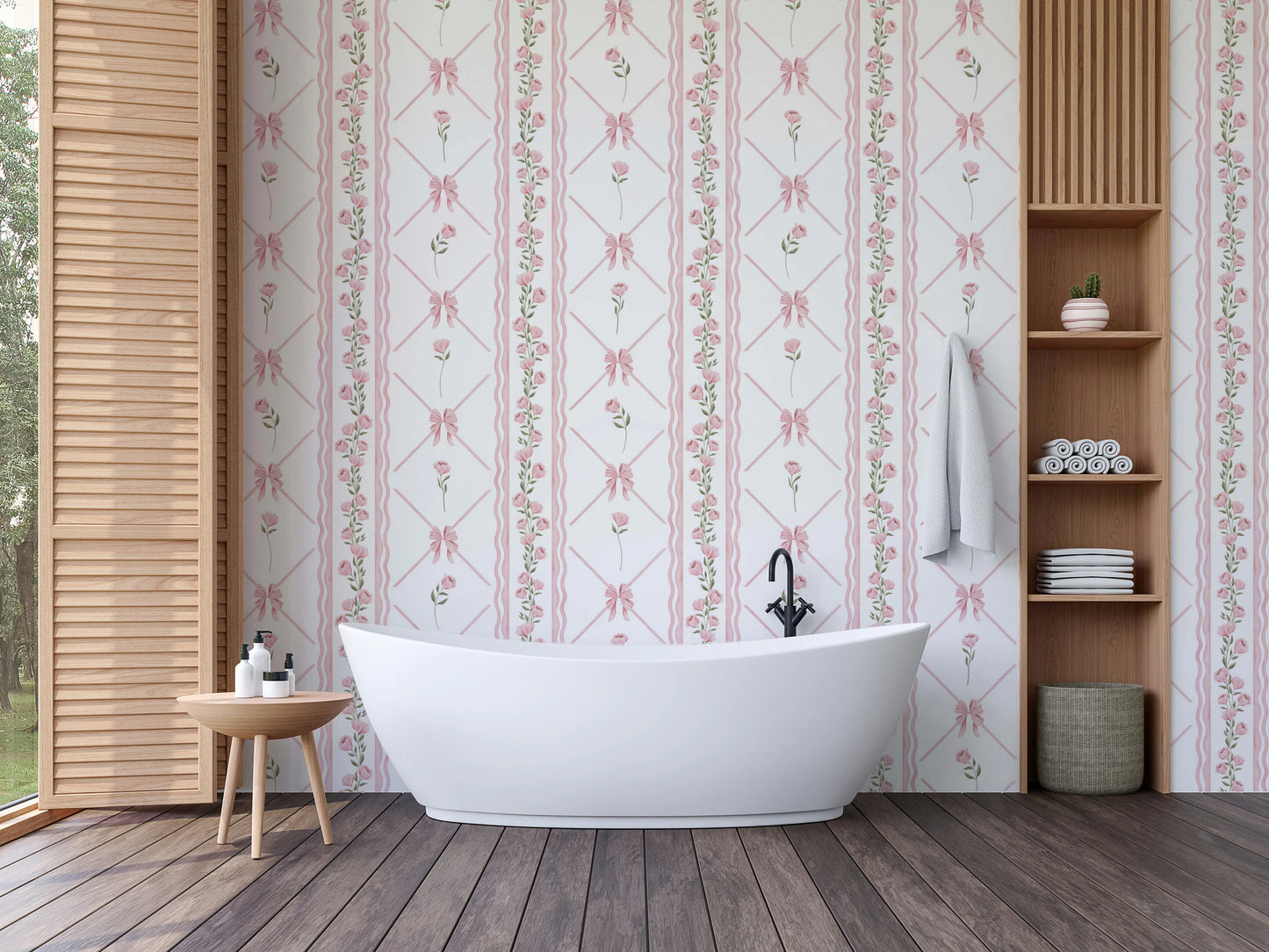 Delicate Pink Ribbon and Floral Stripe Wallpaper Wallpaper⁠