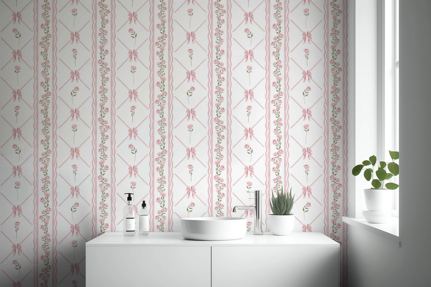 Delicate Pink Ribbon and Floral Stripe Wallpaper Wallpaper⁠