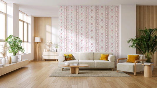 Delicate Pink Ribbon and Floral Stripe Wallpaper Wallpaper⁠