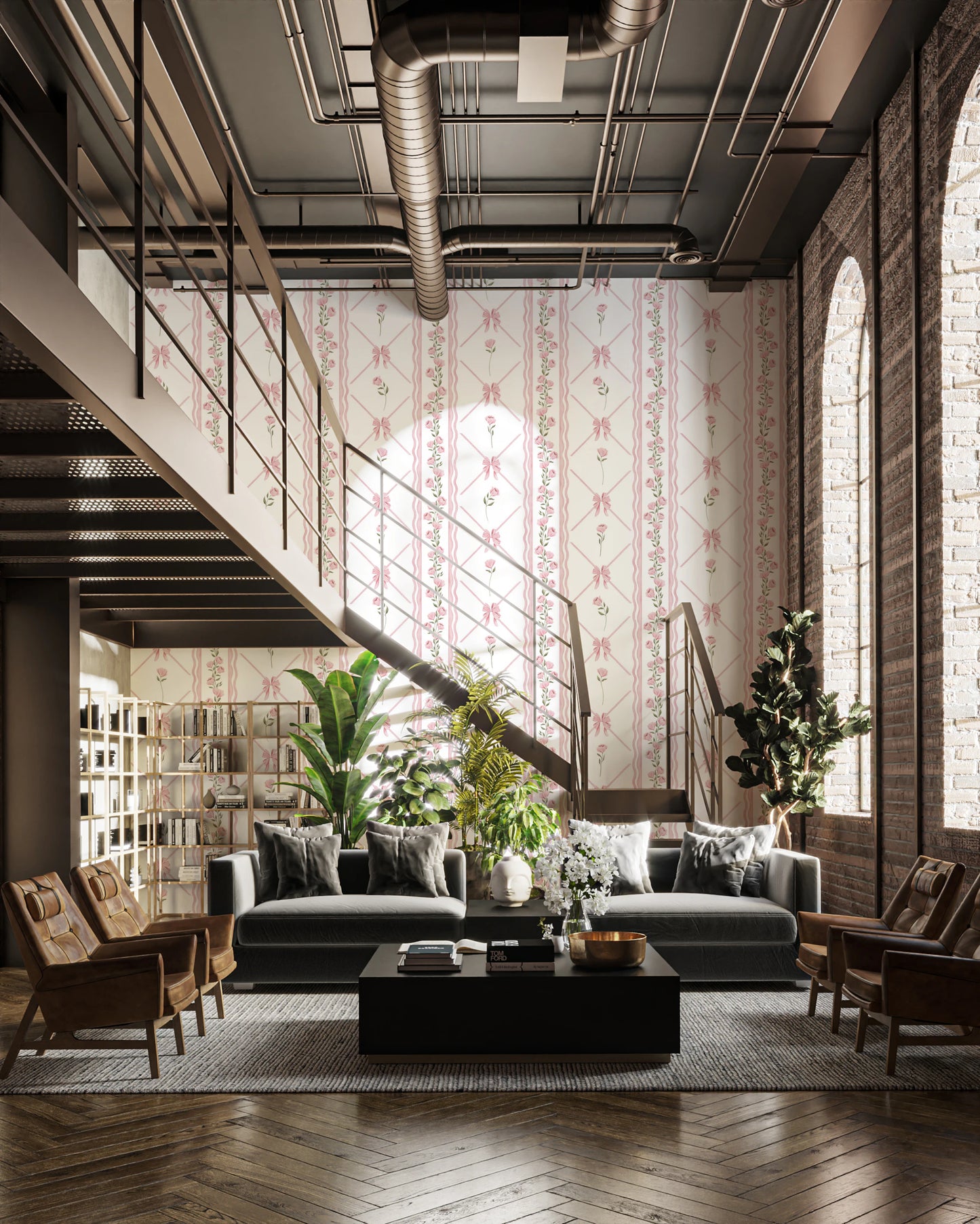 Delicate Pink Ribbon and Floral Stripe Wallpaper Wallpaper⁠