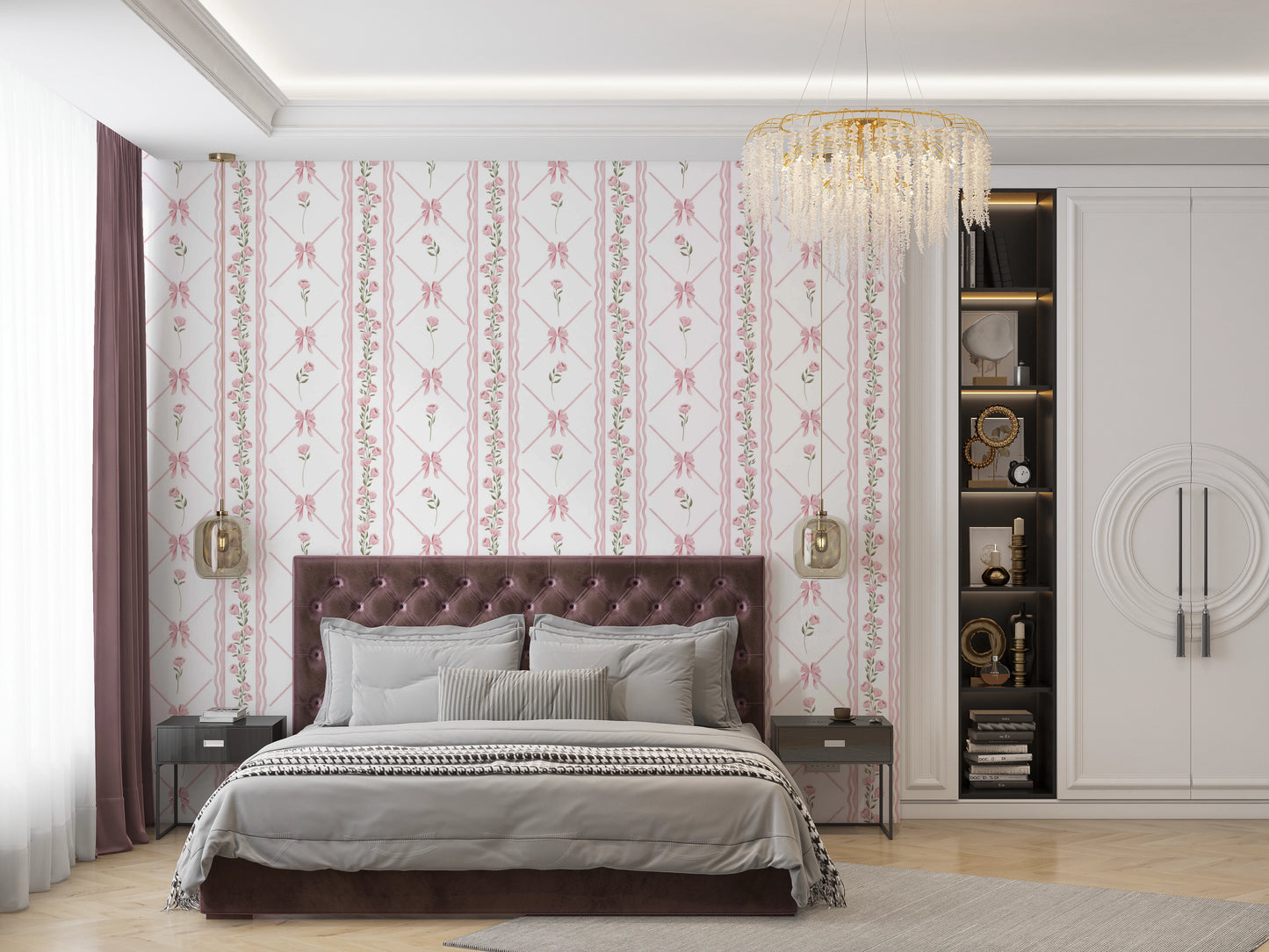 Delicate Pink Ribbon and Floral Stripe Wallpaper Wallpaper⁠