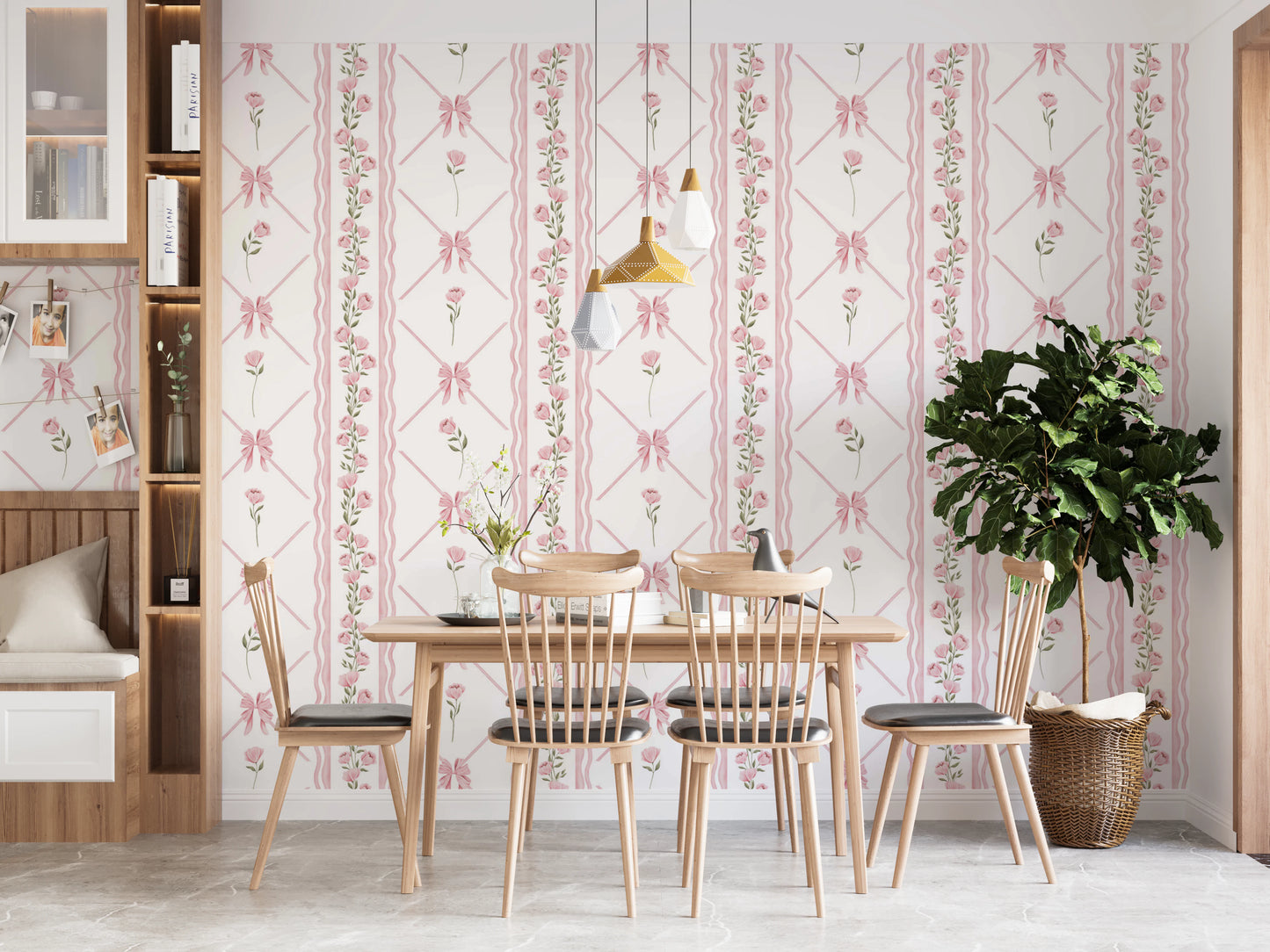 Delicate Pink Ribbon and Floral Stripe Wallpaper Wallpaper⁠