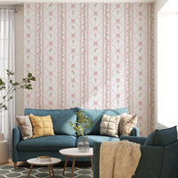 Delicate Pink Ribbon and Floral Stripe Wallpaper Wallpaper⁠