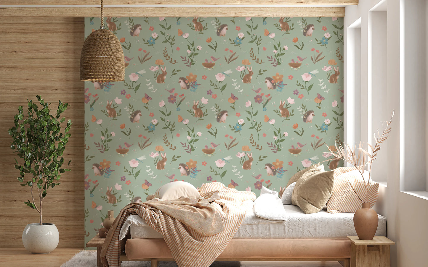 Whimsical Forest Friends Floral Meadow Green Wallpaper⁠