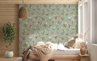 Whimsical Forest Friends Floral Meadow Green Wallpaper⁠