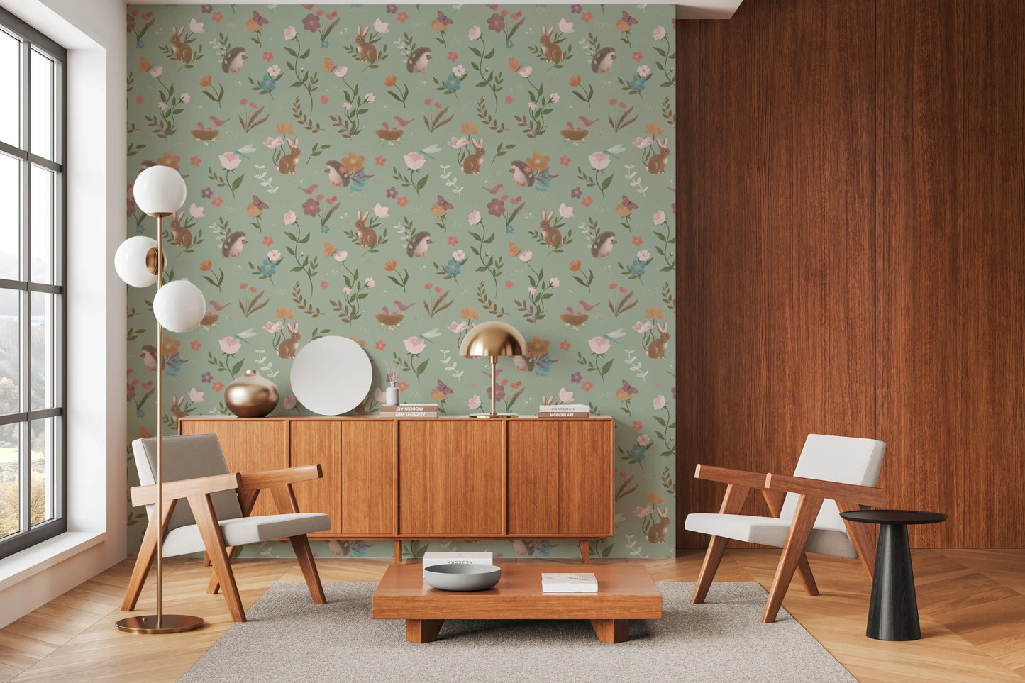 Whimsical Forest Friends Floral Meadow Green Wallpaper⁠