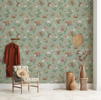 Whimsical Forest Friends Floral Meadow Green Wallpaper⁠