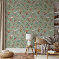 Whimsical Forest Friends Floral Meadow Green Wallpaper⁠