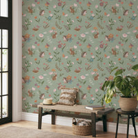 Whimsical Forest Friends Floral Meadow Green Wallpaper⁠