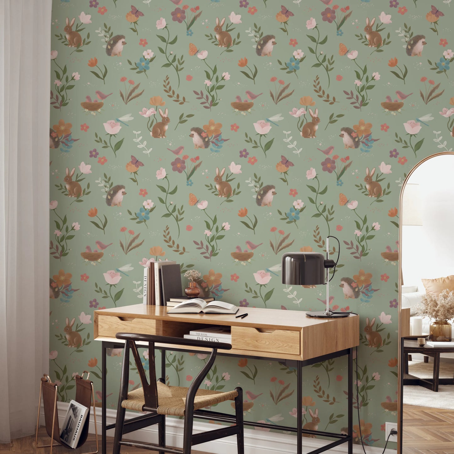 Whimsical Forest Friends Floral Meadow Green Wallpaper⁠