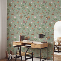 Whimsical Forest Friends Floral Meadow Green Wallpaper⁠