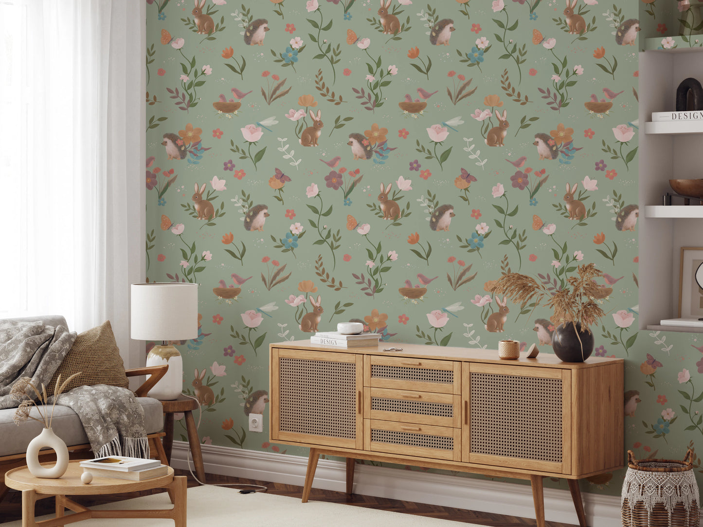 Whimsical Forest Friends Floral Meadow Green Wallpaper⁠