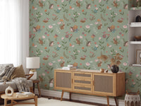 Whimsical Forest Friends Floral Meadow Green Wallpaper⁠