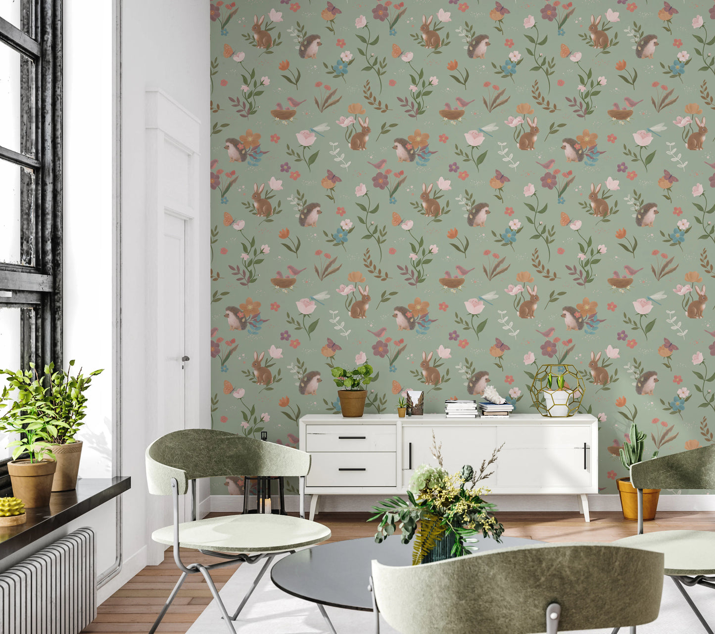 Whimsical Forest Friends Floral Meadow Green Wallpaper⁠